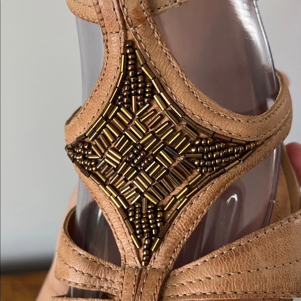 Clark Beaded Cork Wedge Leather Sandals Tan Brown Bronze Size 7.5